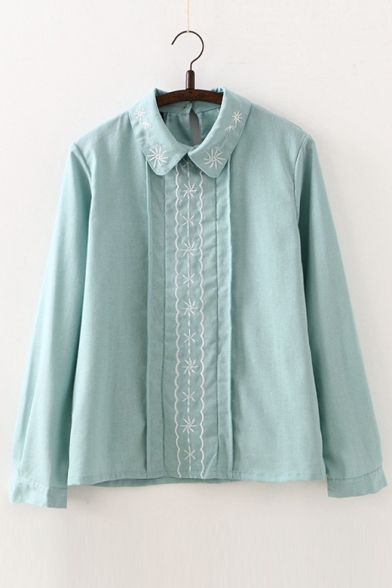 Linen Lapel Collar Long Sleeve Embroidered Placket Casual Leisure pullover Blouse