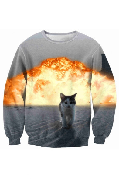 New Fashion Round Neck Long Sleeve Digital Fire Cat Printed Leisure Sweatshirt