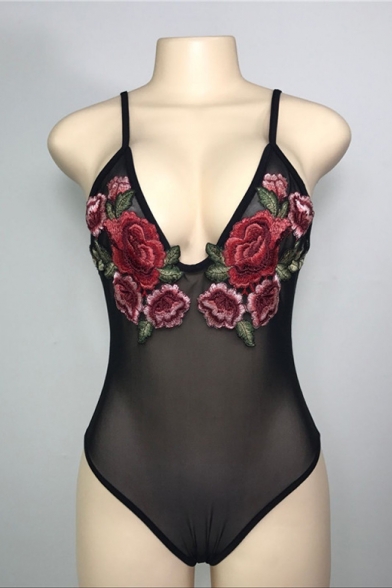 New Fashion Spaghetti Straps Floral Embroidered Open Back Sheer Bodysuit