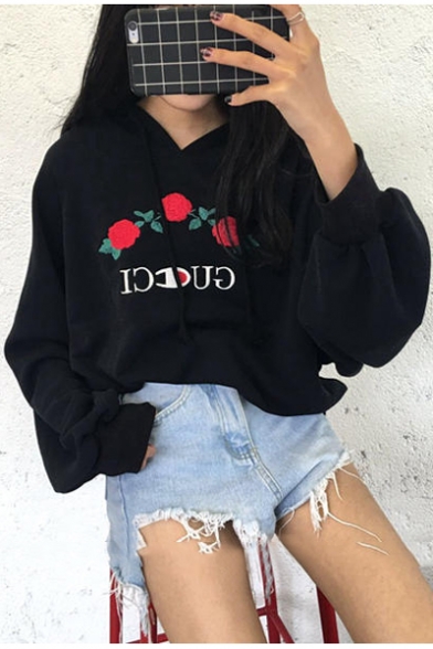 Rose Embroidered Letter Printed Long Sleeve Oversize Boyfriend Style Hoodie