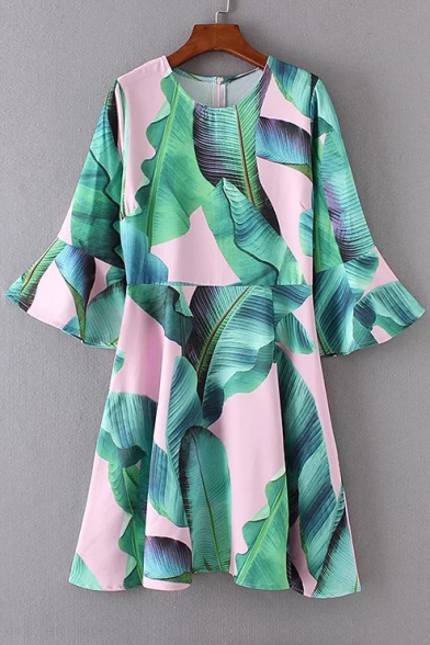 Round Neck Bell Sleeve Color Block Banana Leaves Printed Zip Back Midi A-Line Dress