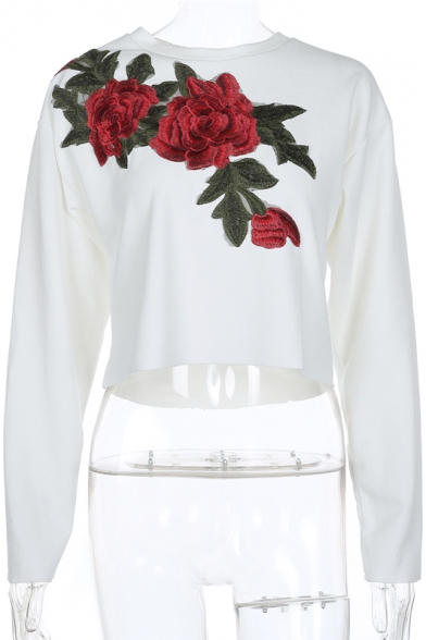 

Round Neck Long Sleeve Floral Embroidered Cotton Pullover Cropped Tee, LC435820