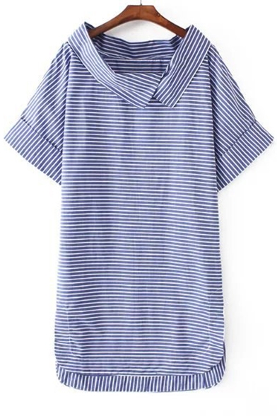 Women's Lapel Striped Color Block Short Sleeve High Low Hem T-Shirt Asymmetric Dress