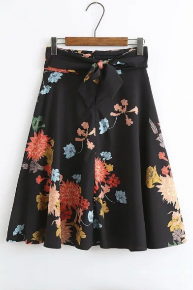 Chic Floral Printed Belt Waist Zip-Front Midi A-Line Skirt