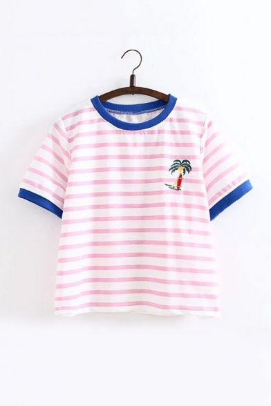 Color Block Striped Print Round Neck Short Sleeve Coconut Palm Embroidered T-Shirt