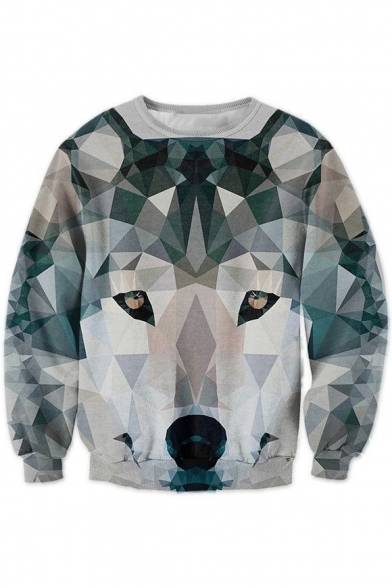 Digital Color Block Wolf Printed Round Neck Long Sleeve Pullover Stylish Sweatshirt