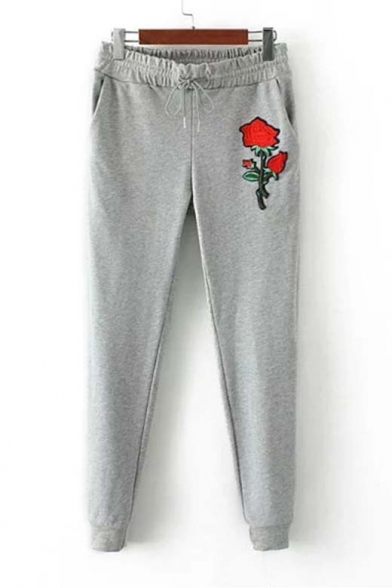 Elastic Drawstring Waist Rose Embroidered Fashion Sports Pants with Pockets