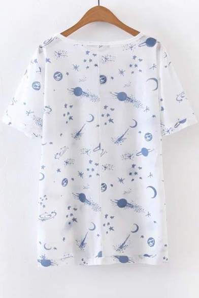 Fashion Planet Moon Star Printed Short Sleeve Round Neck Casual Tee