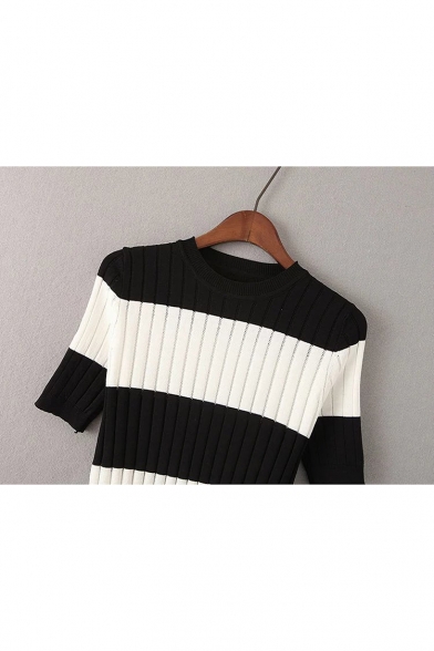 Fashion Striped Color Block Short Sleeve Sweater with Plain Pleated Skirt Co-ords
