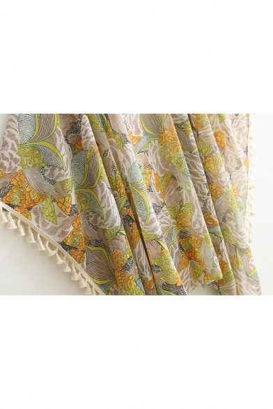 Fresh Floral Printed Tassel Pom-Pom Cuffs Cape Kimonos