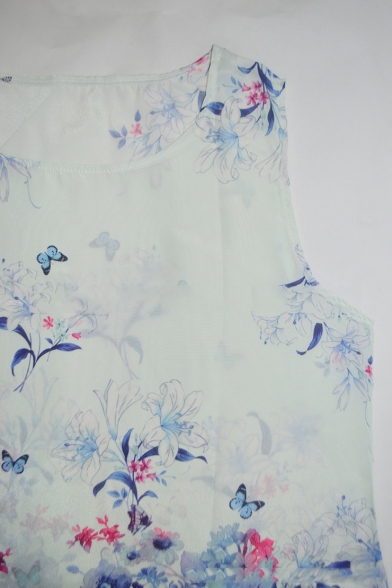 Lady's Round Neck Sleeveless Floral Printed Mini Swing Dress