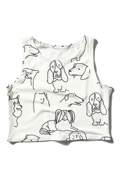 New Arrival Round Neck Sleeveless Dogs Printed Fitted Cropped Tank