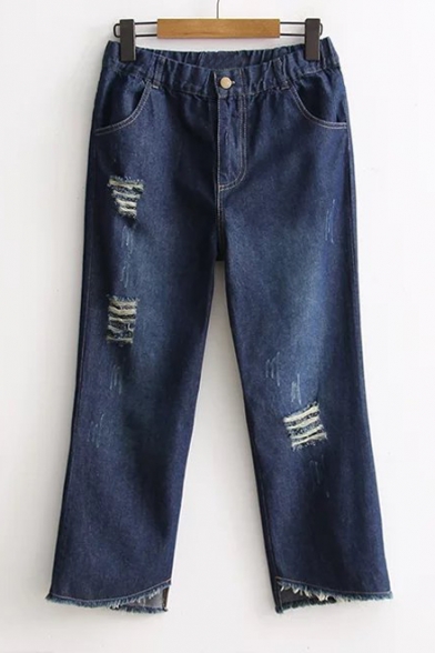 New Fashion Ripped Raw Edge Asymmetrical Cuff Capri Jeans