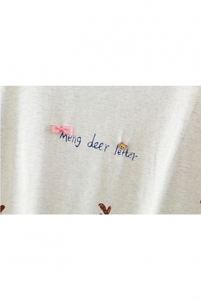 Round Neck Short Sleeve Cartoon Printed Lace Inserted Hem Leisure T-Shirt