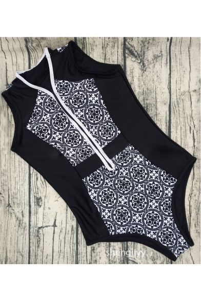 Women's Zip-Front Sleeveless Tribal Printed Color Block One Pieces Swimsuit