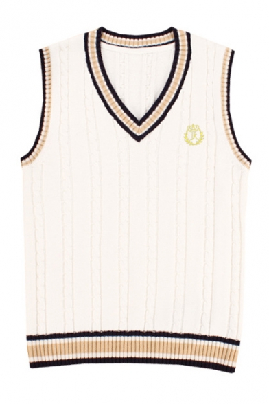 Classic Uniform V-Neck Sleeveless Color Block Letter Embroidered Vest Sweater