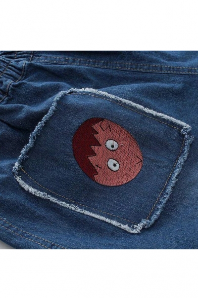 Embroidery Cartoon Pattern Elastic Mid Waist Denim Shorts with Pockets