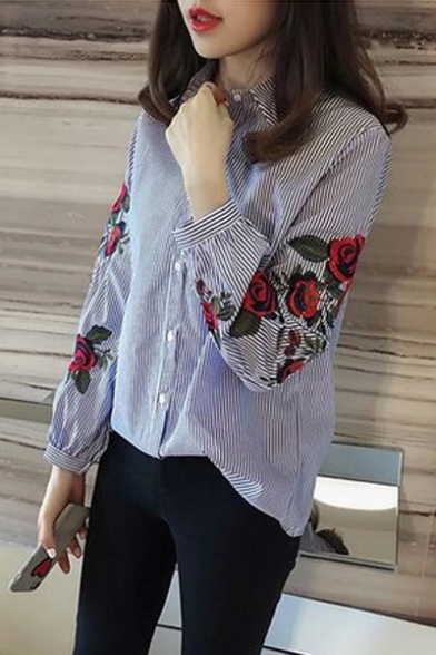 Embroidery Floral Long Sleeve Single Breasted Lapel Shirt
