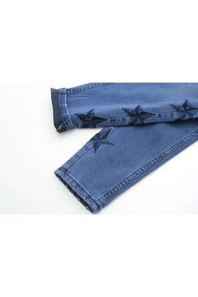 Embroidery Star Pattern Mid Waist Ankle Length Pencil Jeans