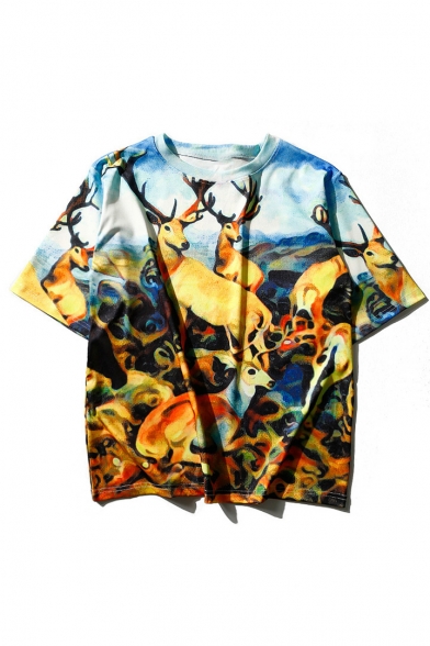Fashion Deer 3D Printed Short Sleeve Round Neck Casual Tee