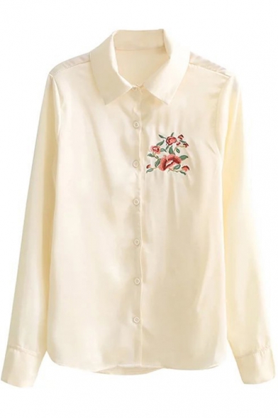 Floral Embroidery Pattern Single Breasted Lapel Long Sleeve Shirt