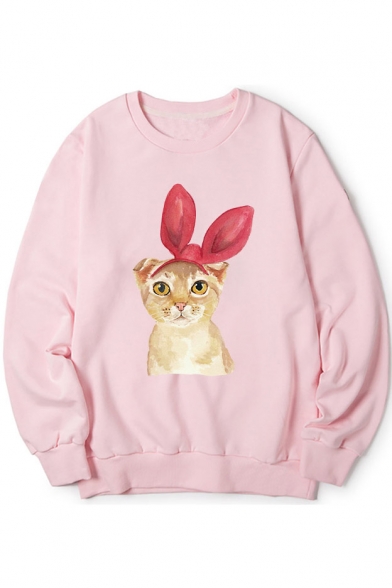 Lovely Cartoon Cat Printed Round Neck Long Sleeve Pullover Leisure Sweatshirt