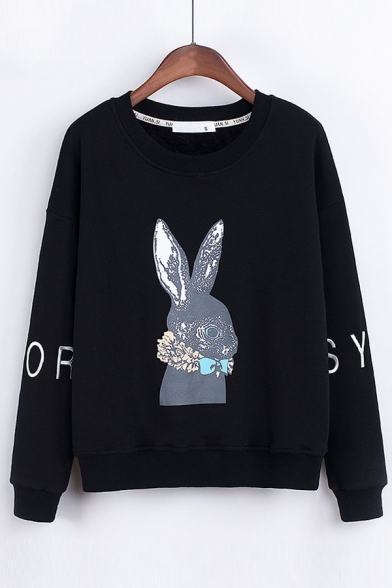 Lovely Cartoon Rabbit Printed Long Sleeve Round Neck Pullover Sweatshirt