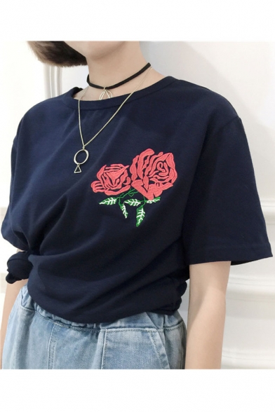 New Arrival Floral Rose Embroidered Round Neck Short Sleeve Pullover T-Shirt