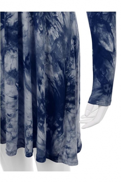Tie-Die Floral Printed Raglan Long Sleeve Round Neck Midi Skater Dress