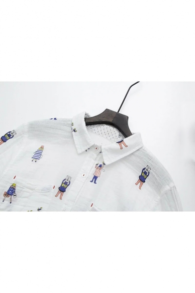 Cartoon Printed Lapel Collar Long Sleeve Buttons Down Shirt with Double Pockets