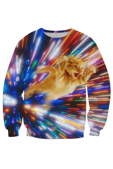 Digital Cat Printed Round Neck Long Sleeve Pullover Leisure Sweatshirt