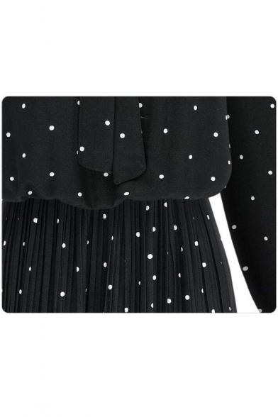 Fashion Polka Dot Tied Neck Long Sleeve Maxi Chiffon Pleated Dress