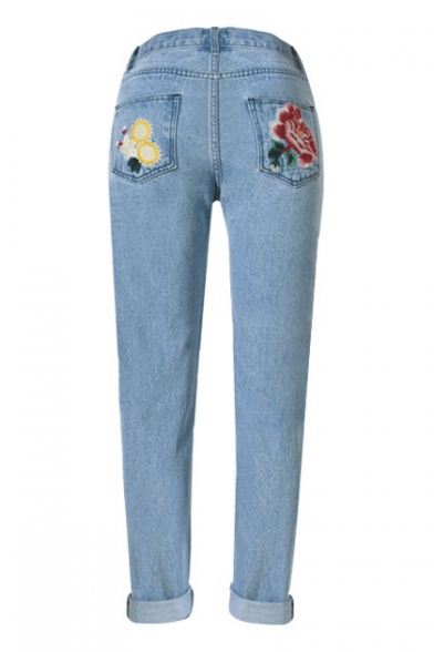 Floral Embroidered Basic Straight Legs Jeans with Pockets