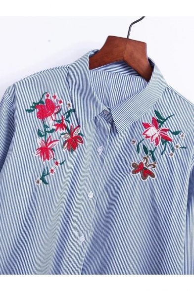 Floral Embroidered Bell Sleeve Lapel Collar Single Breasted Striped Printed Shirt
