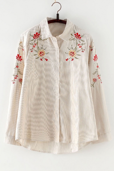 Floral Striped Printed Lapel Collar Long Sleeve Linen Buttons Down Shirt