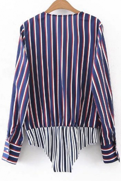 New Arrival Plunge Neck Long Sleeve Fake Two-Piece Striped Printed Knotted Bodysuit