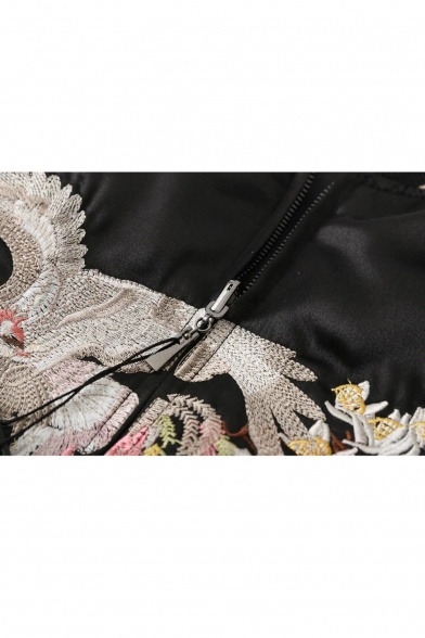 Reversible Embroidery Crane Pattern Raglan Sleeve Zipper Placket Bomber Jacket