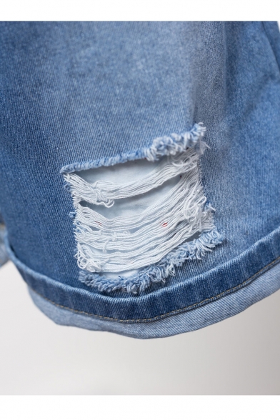 Summer's High Waist Zip Fly Ripped Detail Folded Trim Denim Shorts