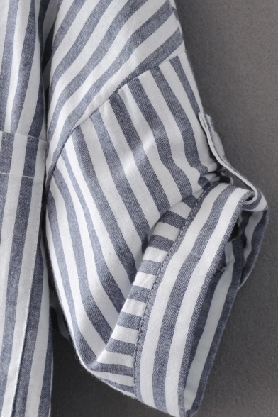 Vertical Striped Color Block V-Neck Dropped Short Sleeve High Low Hem Button Down Shirt