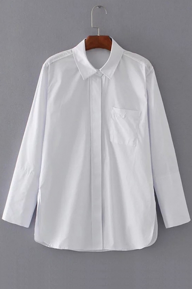 Basic Simple Lapel Collar Long Sleeve Letter Embroidered Pocket Buttons Down Plain Shirt