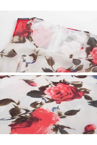 Elegant Floral Printed Sleeveless Belt Waist Round Neck Midi Fit & Flare Dress