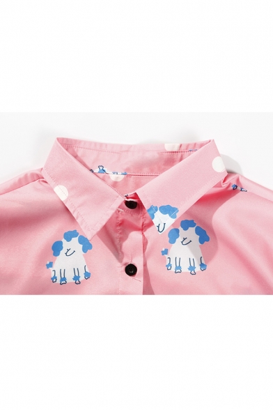 Lapel Collar Long Sleeve Monster Printed Buttons Down High Low Hem Shirt