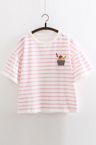 New Arrival Round Neck Bell Sleeve Striped Printed Embroidered Loose T-Shirt