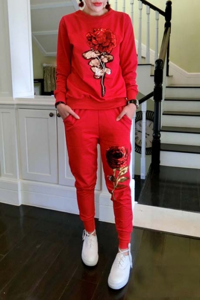 New Fashion Round Neck Long Sleeve Floral Printed Sequined Sweatshirt Sports Pants Co-ords