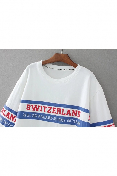 Round Neck 3/4 Sleeve Letter Striped Printed Casual Pullover Cropped Graphic Tee
