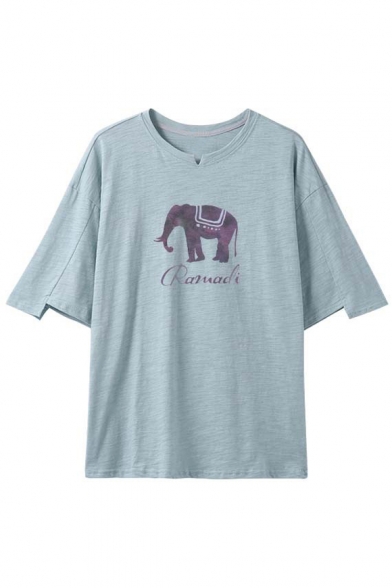 Round Neck Half Sleeve Elephant Printed Summer's Cotton Leisure T-Shirt
