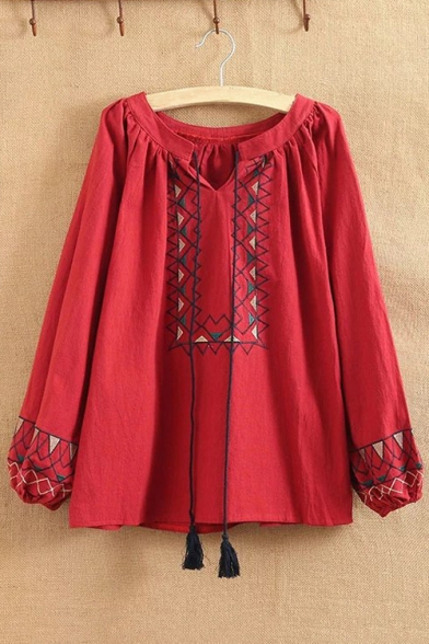 Round Neck Lantern Sleeve Tribal Embroidered Basic Casual Loose Pullover Blouse
