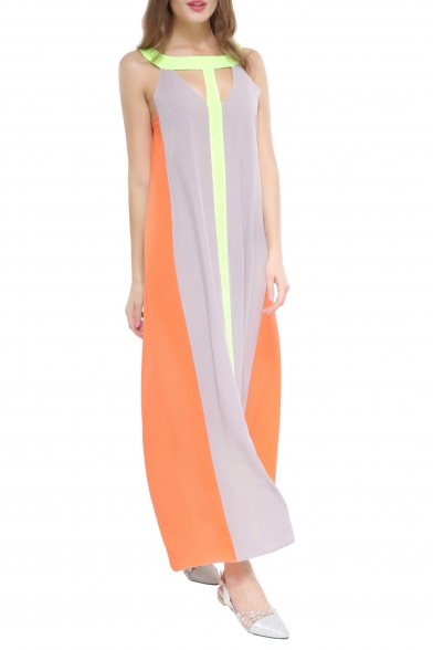 Sexy Cutout Front Sleeveless Color Block Maxi Swing Party Dress