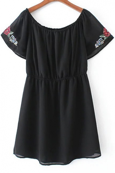 Boat Neck Short Sleeve Floral Embroidered Sleeve Gathered Waist A-Line Mini Dress