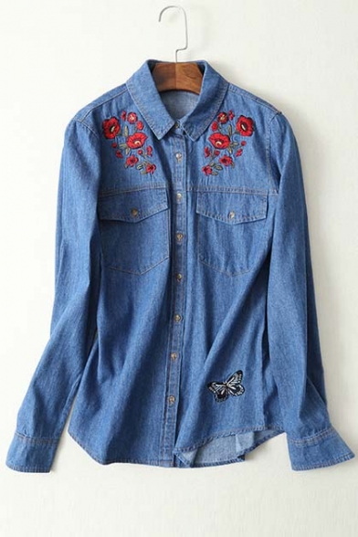 Boyfriend Style Single Breasted Embroidery Floral Butterfly Pattern Tunic Denim Shirt
